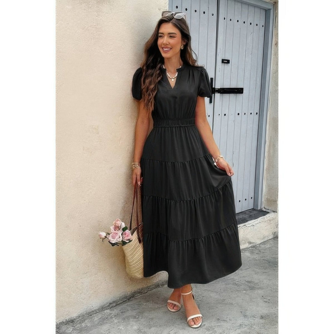 Dress V Neck Color Block Elastic Waist Casual Fit - AMVIM