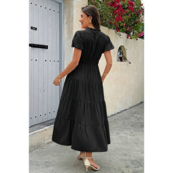 Dress V Neck Color Block Elastic Waist Casual Fit - AMVIM