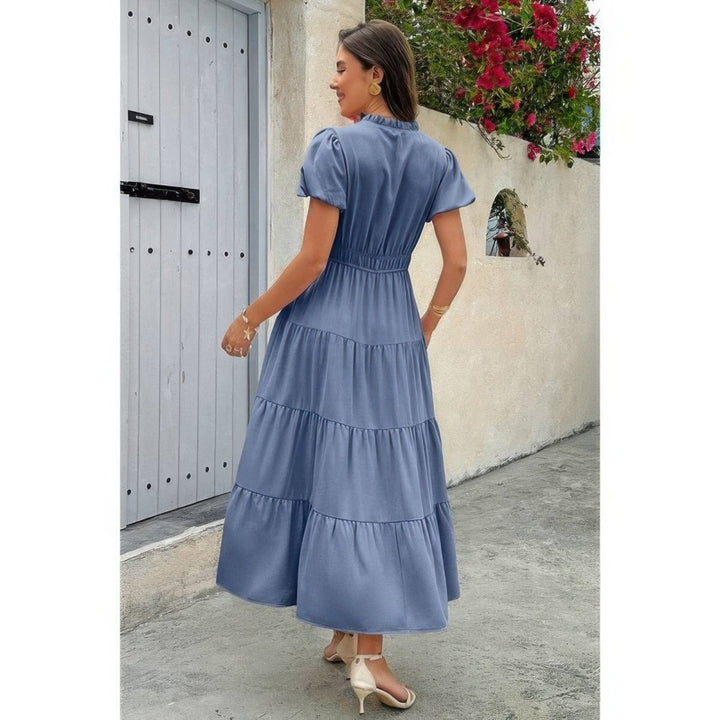 Dress V Neck Color Block Elastic Waist Casual Fit - AMVIM