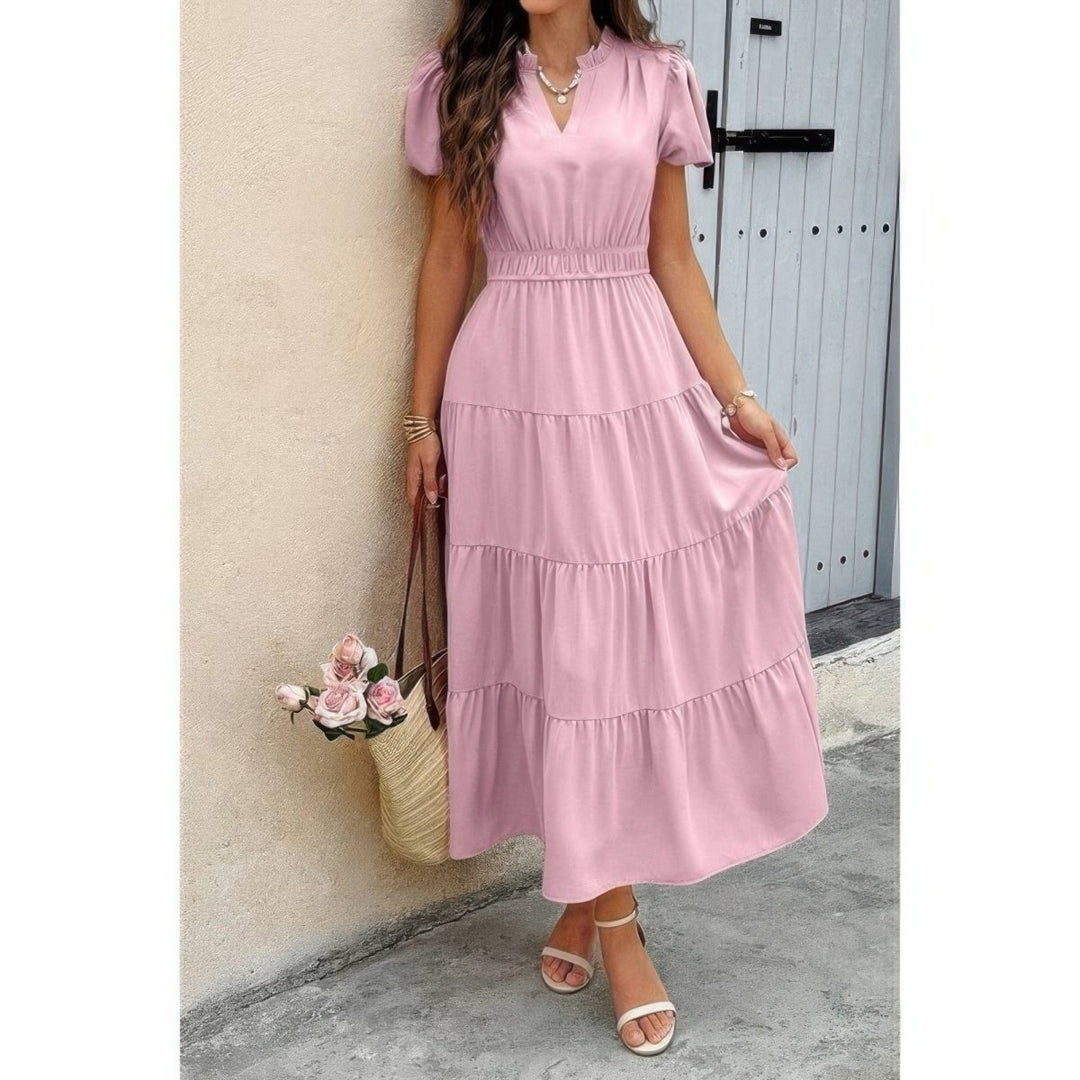 Dress V Neck Color Block Elastic Waist Casual Fit - AMVIM