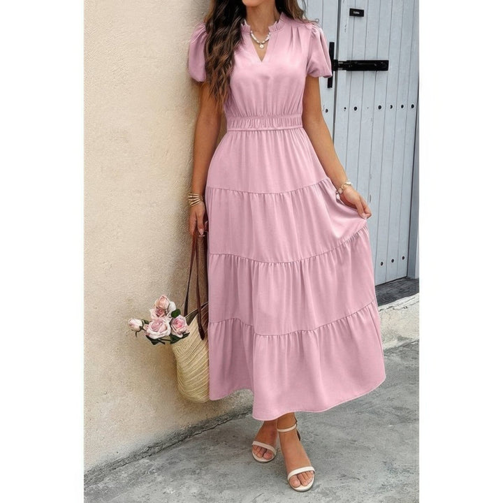 Dress V Neck Color Block Elastic Waist Casual Fit - AMVIM