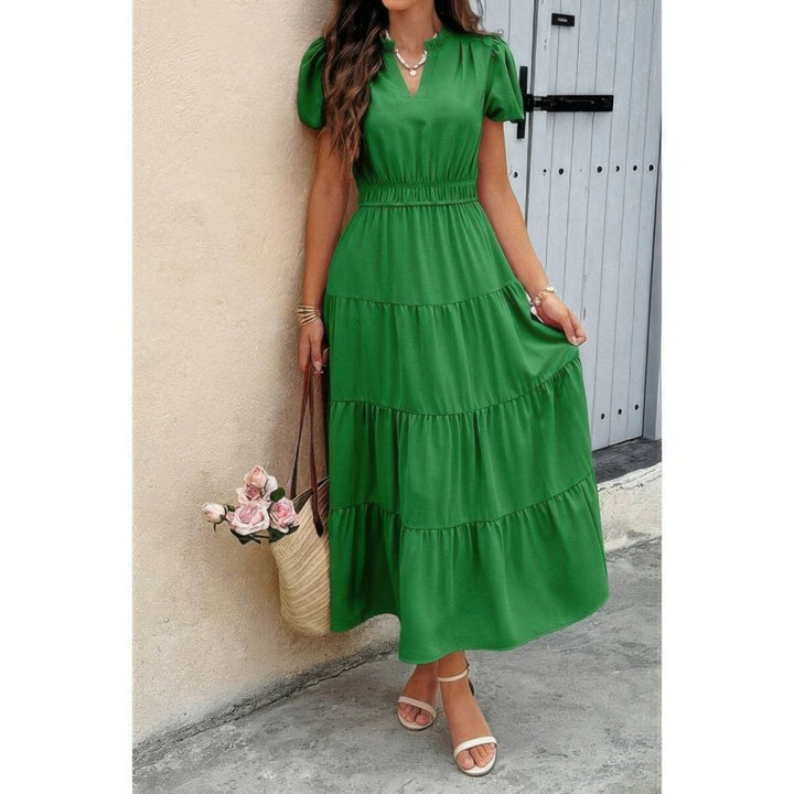 Dress V Neck Color Block Elastic Waist Casual Fit - AMVIM