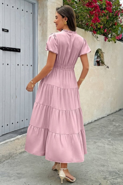 Dress V Neck Color Block Summer Casual Elastic Waist Dress - AMVIM