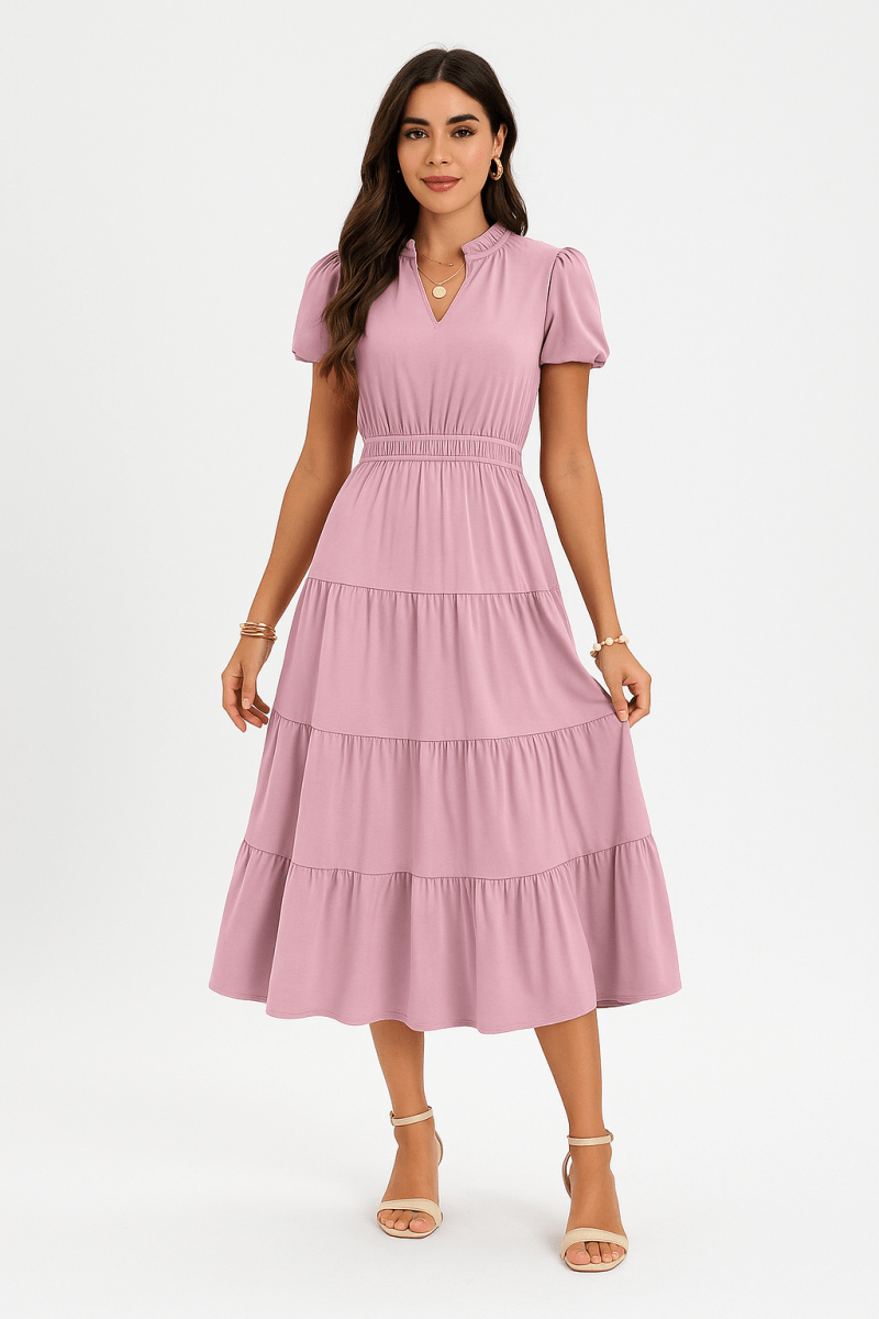 Dress V Neck Color Block Summer Casual Elastic Waist Dress - AMVIM