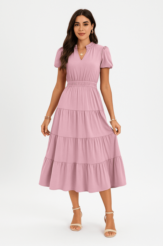 Dress V Neck Color Block Summer Casual Elastic Waist Dress - AMVIM