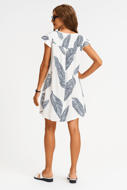 Dress white leaf print flowy flutter sleeve mini dress - AMVIM