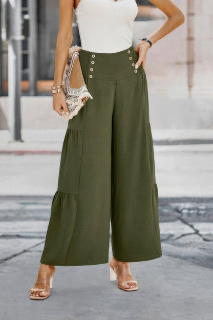 Dress Wide Leg Solid Button Ruffle Pants - AMVIM