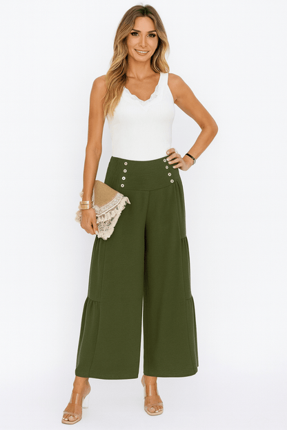 Dress Wide Leg Solid Button Ruffle Pants - AMVIM