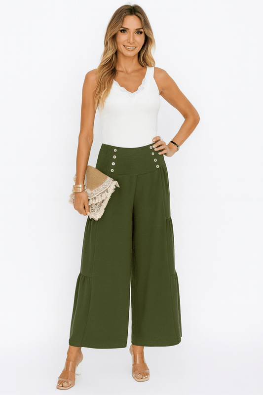 Dress Wide Leg Solid Button Ruffle Pants - AMVIM