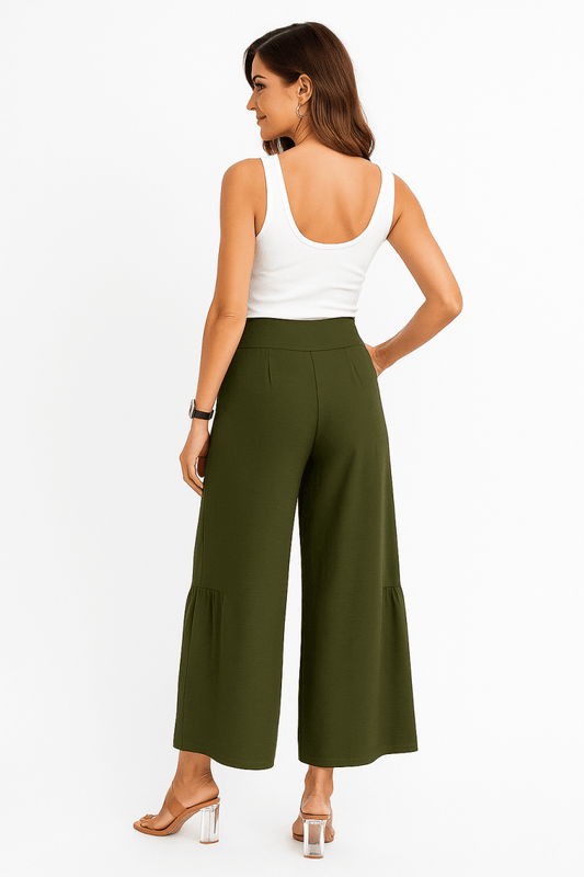 Dress Wide Leg Solid Button Ruffle Pants - AMVIM