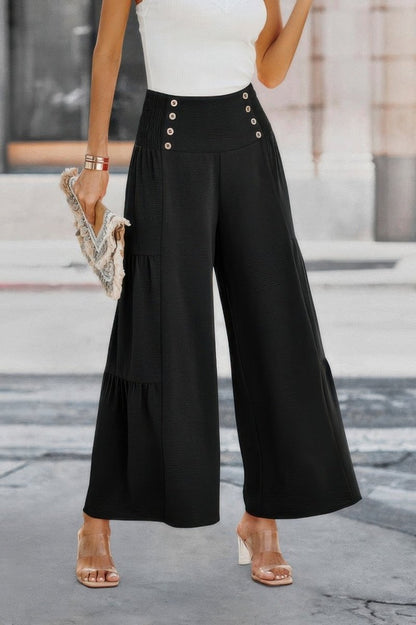 Dress Wide Leg Solid Button Ruffle Pants - AMVIM