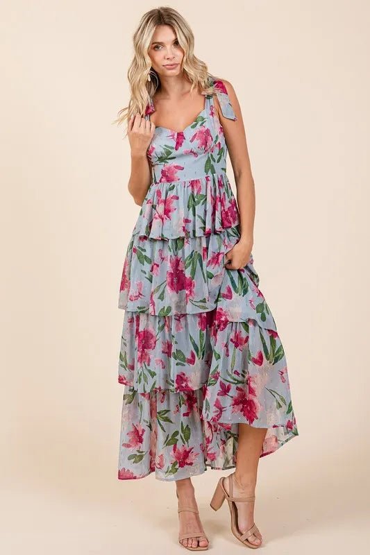 Dusty Blue Floral Sweetheart Neck Layered Maxi Dress - Women&