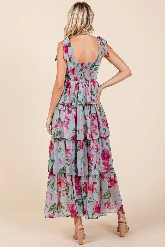 Dusty Blue Floral Sweetheart Neck Layered Maxi Dress - Women&