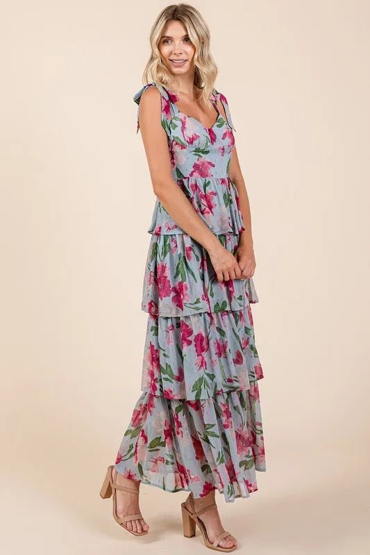 Dusty Blue Floral Sweetheart Neck Layered Maxi Dress - Women&