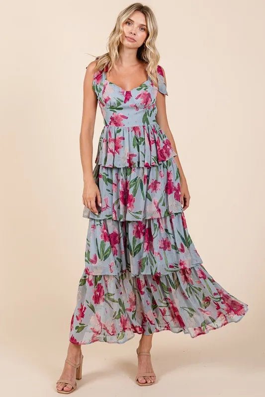 Dusty Blue Floral Sweetheart Neck Layered Maxi Dress - Women's Wedding Guest Bridesmaid Dress - AMVIM