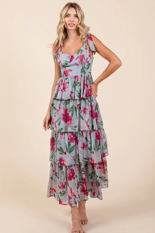 Dusty Blue Floral Sweetheart Neck Layered Maxi Dress - Women&