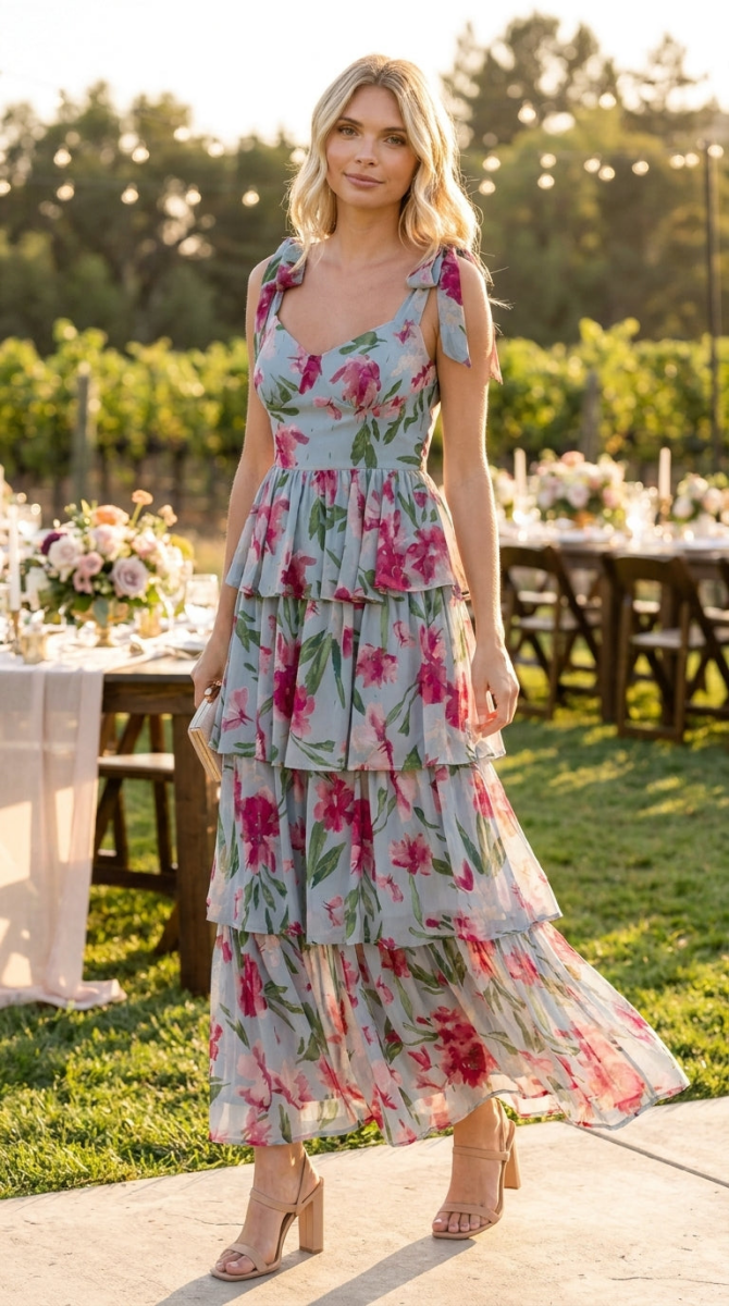 Dusty Blue Floral Sweetheart Neck Layered Maxi Dress - Women's Wedding Guest Bridesmaid Dress - AMVIM