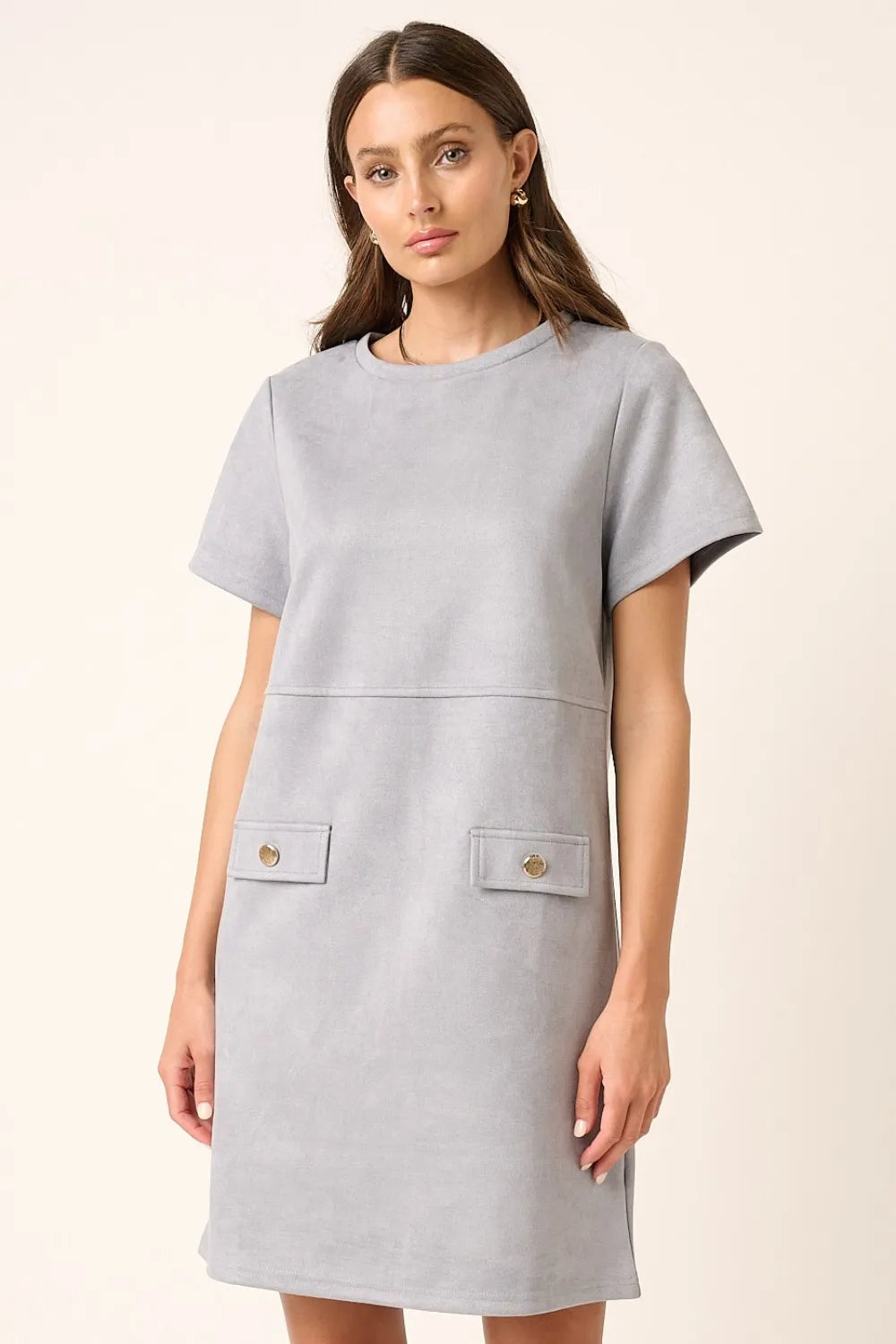Women's Suede Mini Dress – Round Neck Short Sleeve - AMVIM | SKU: 100100271241697, 100100271242321, 100100271243097