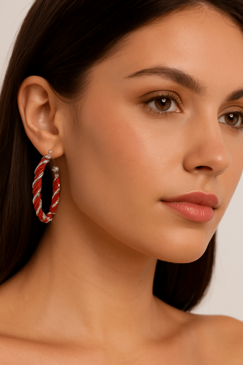 Earrings Christmas Red Twisted Alloy Holiday Hoop Pair - AMVIM