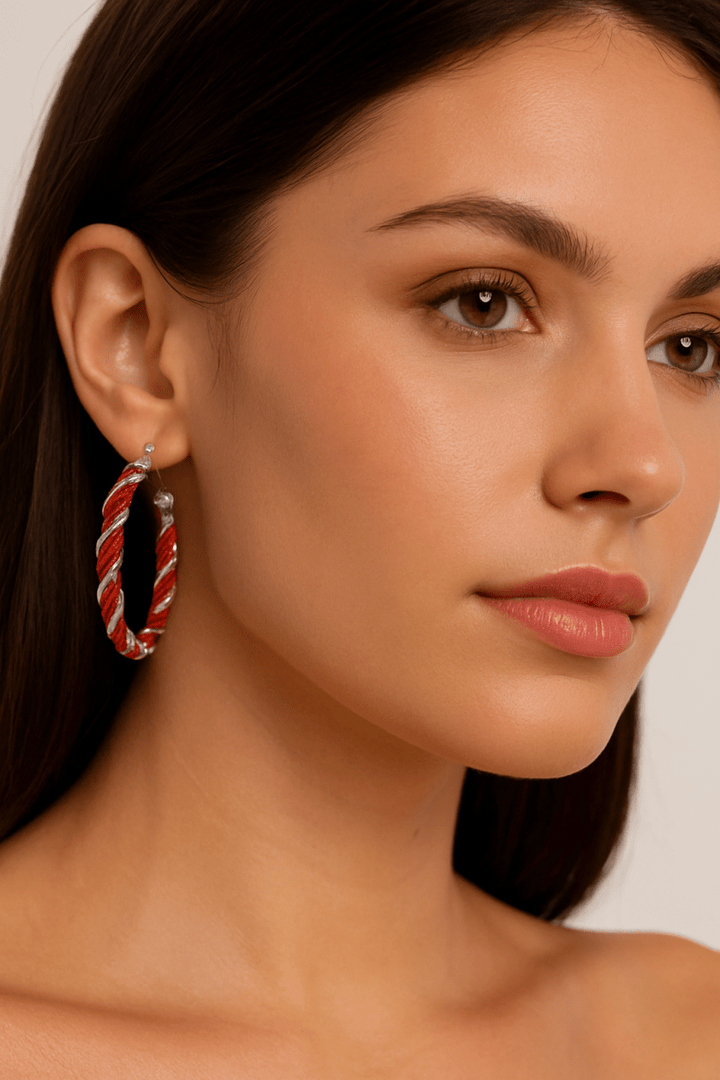 Earrings Christmas Red Twisted Alloy Holiday Hoop Pair - AMVIM