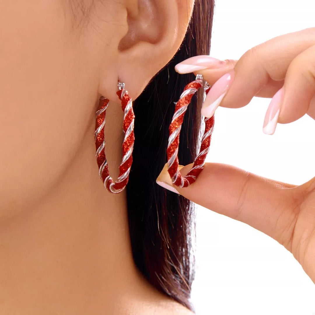 Earrings Christmas Red Twisted Alloy Holiday Hoop Pair - AMVIM