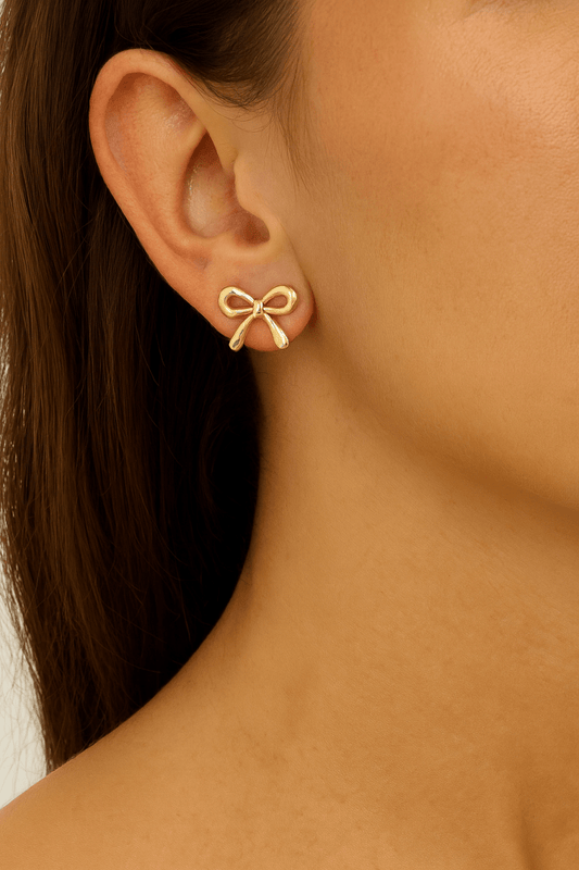 Earrings gold bow polished short tail post back lightweight - AMVIM