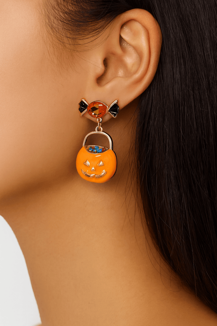 Earrings Halloween Pumpkin Dangle 18K Gold Rhinestone Pair - AMVIM