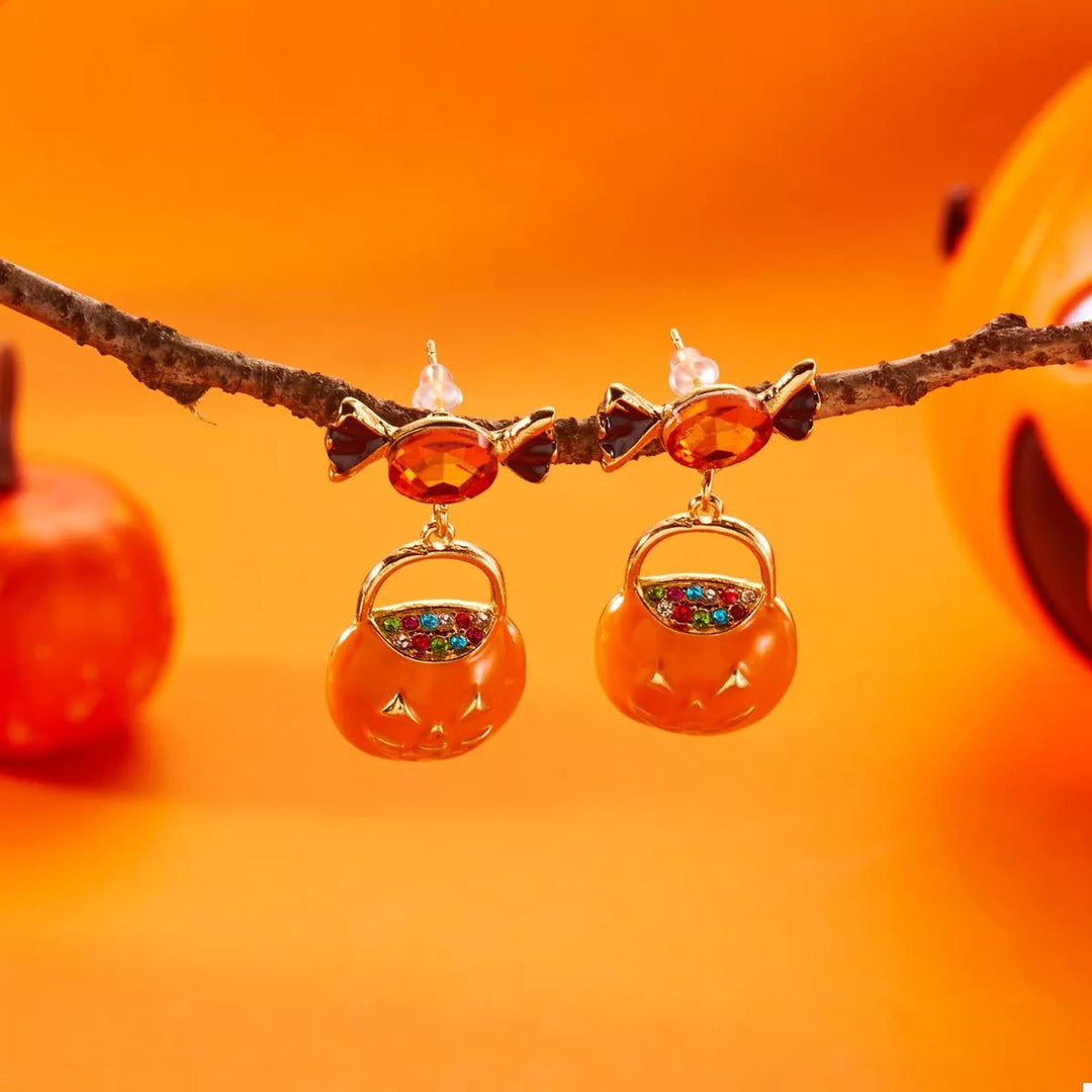 Earrings Halloween Pumpkin Dangle 18K Gold Rhinestone Pair - AMVIM