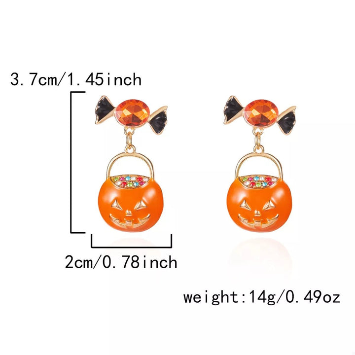 Earrings Halloween Pumpkin Dangle 18K Gold Rhinestone Pair - AMVIM