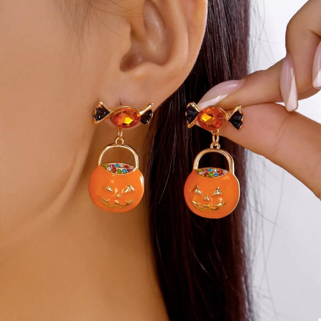 Earrings Halloween Pumpkin Dangle 18K Gold Rhinestone Pair - AMVIM