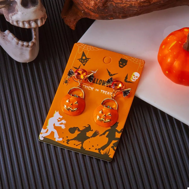 Earrings Halloween Pumpkin Dangle 18K Gold Rhinestone Pair - AMVIM