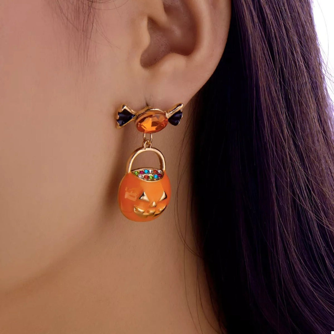 Earrings Halloween Pumpkin Dangle 18K Gold Rhinestone Pair - AMVIM