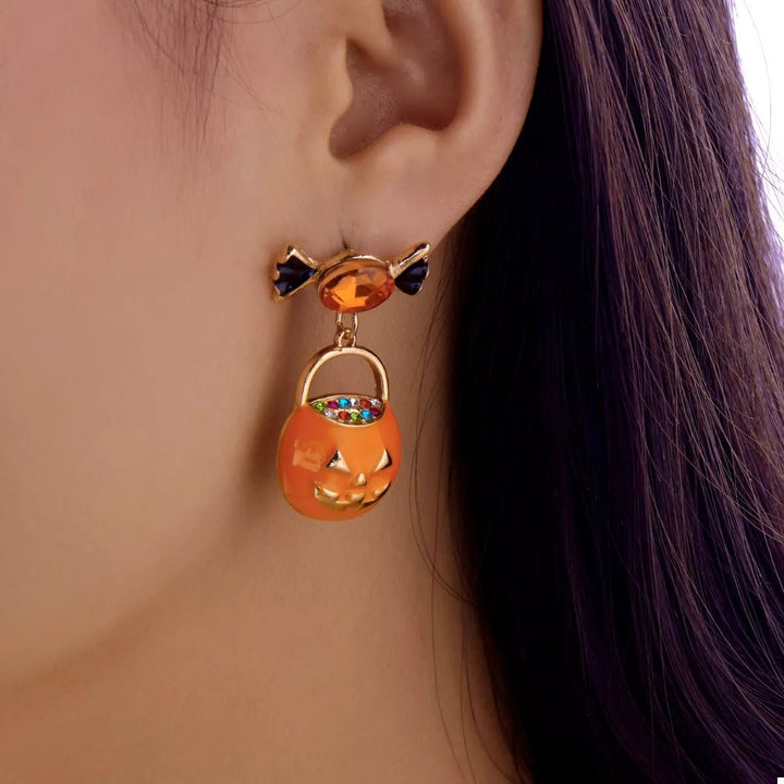 Earrings Halloween Pumpkin Dangle 18K Gold Rhinestone Pair - AMVIM