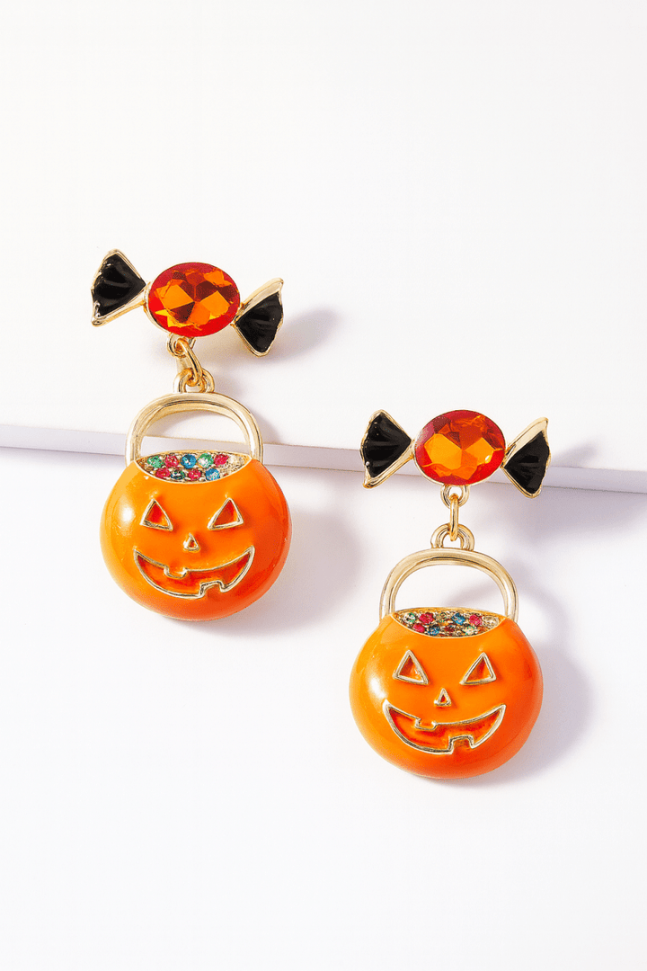Earrings Halloween Pumpkin Dangle 18K Gold Rhinestone Pair - AMVIM