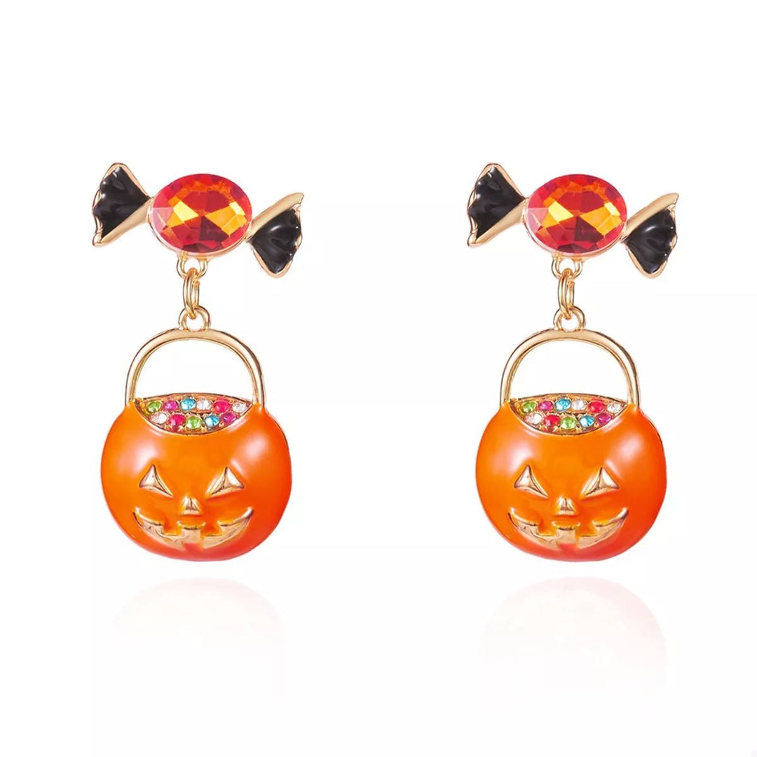 Earrings Halloween Pumpkin Dangle 18K Gold Rhinestone Pair - AMVIM