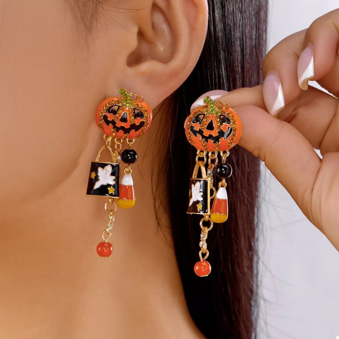 Earrings Halloween Pumpkin Resin Drop with Rhinestone Charms - AMVIM