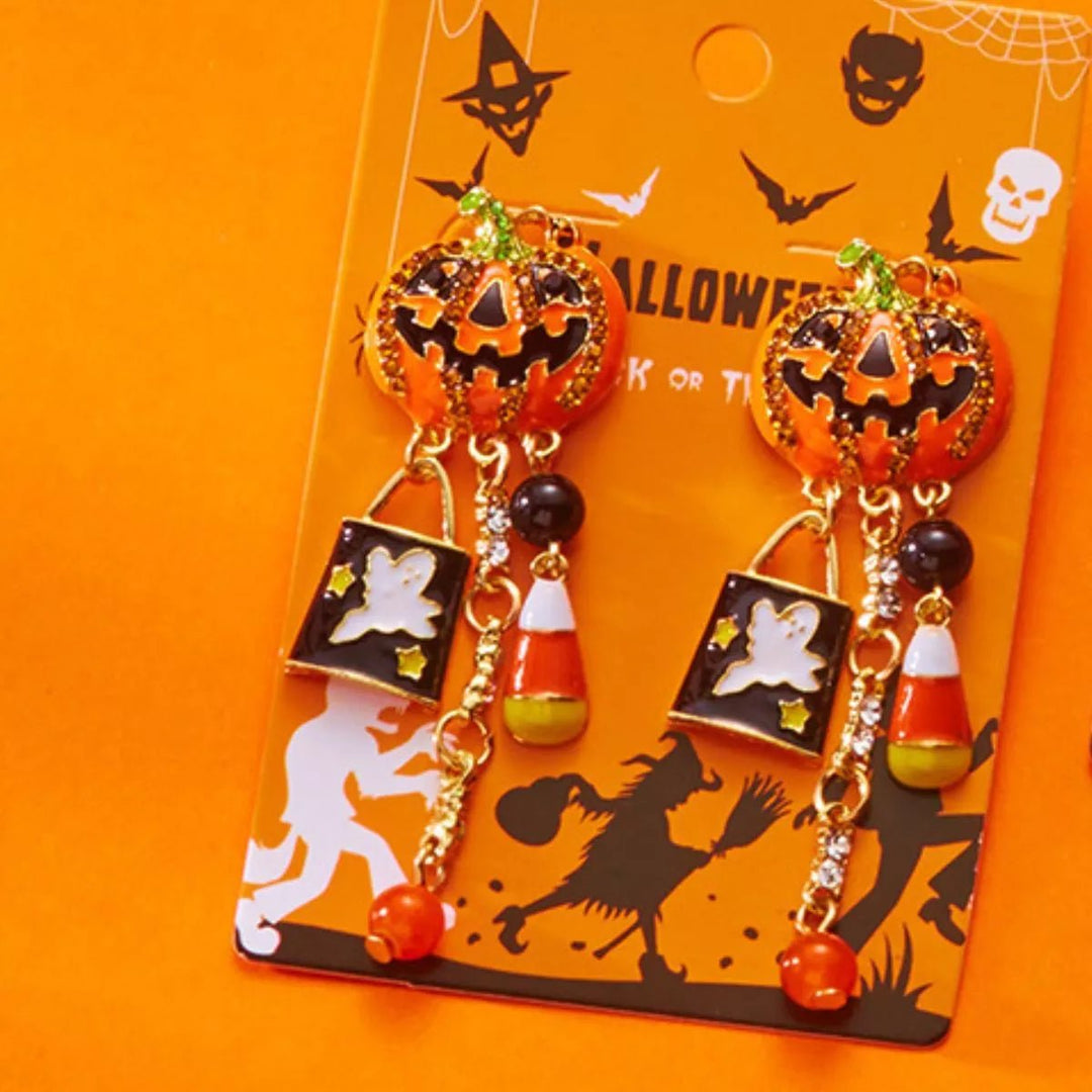 Earrings Halloween Pumpkin Resin Drop with Rhinestone Charms - AMVIM
