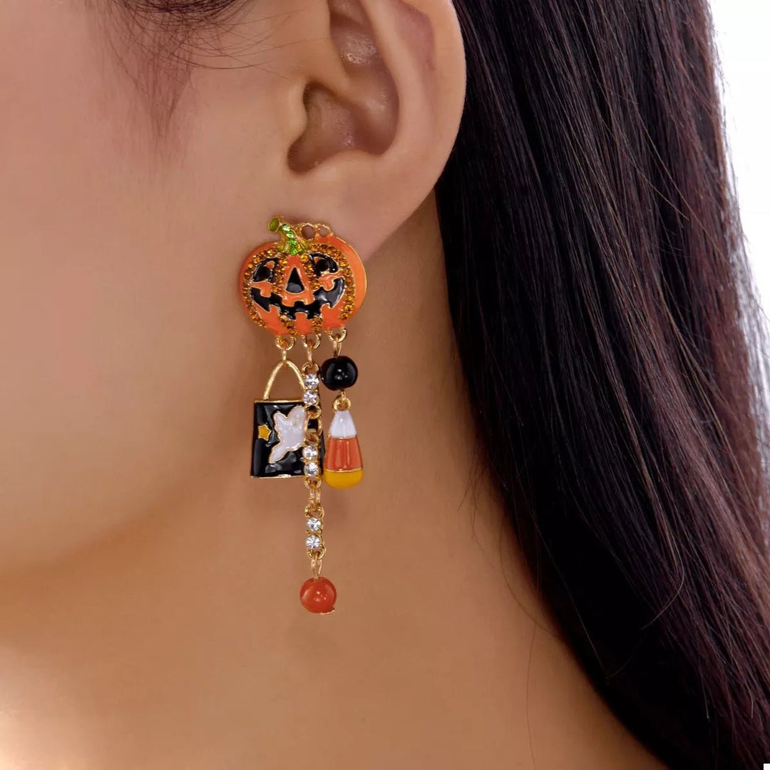 Earrings Halloween Pumpkin Resin Drop with Rhinestone Charms - AMVIM