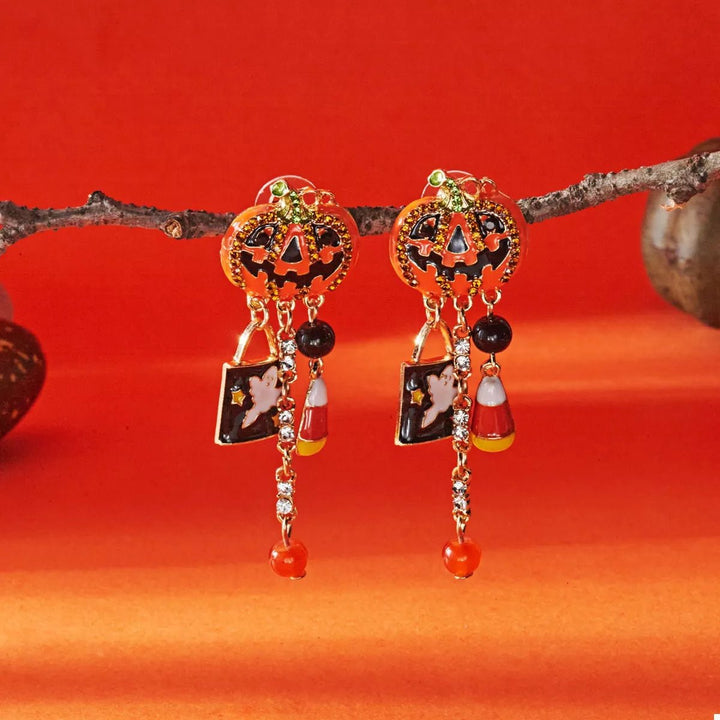 Earrings Halloween Pumpkin Resin Drop with Rhinestone Charms - AMVIM