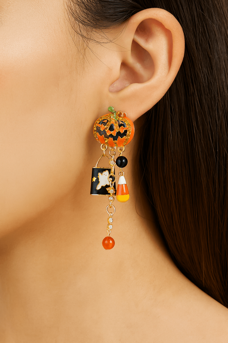 Earrings Halloween Pumpkin Resin Drop with Rhinestone Charms - AMVIM