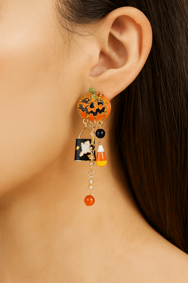 Earrings Halloween Pumpkin Resin Drop with Rhinestone Charms - AMVIM