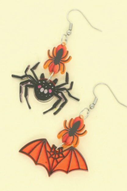 Earrings Halloween Spider Bat Acrylic Mismatched Dangle - AMVIM