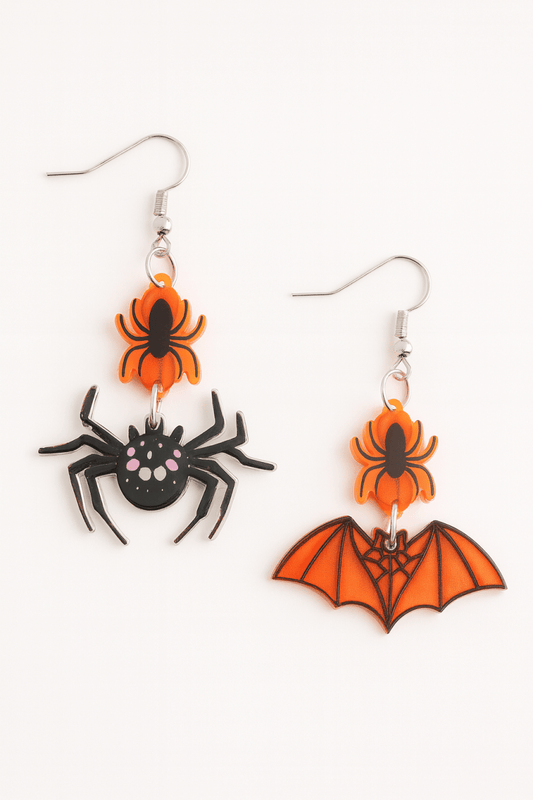 Earrings Halloween Spider Bat Acrylic Mismatched Dangle - AMVIM