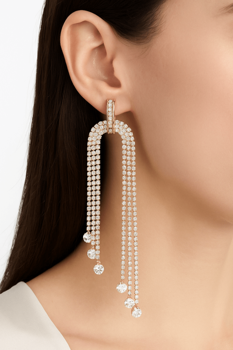 Earrings long rhinestone fringe polished for evening events - AMVIM