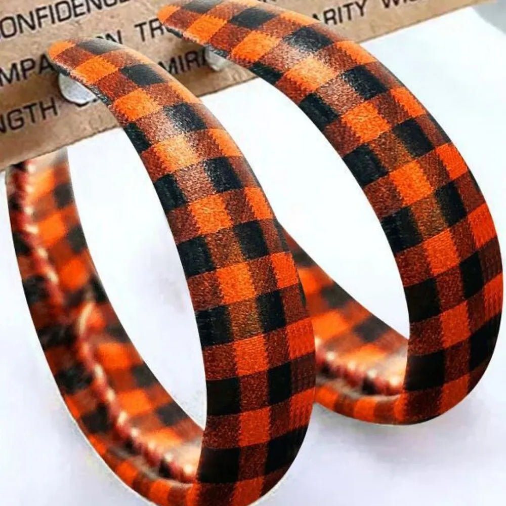 Earrings Plaid Red PU Leather Fall Hoop Statement Pair - AMVIM