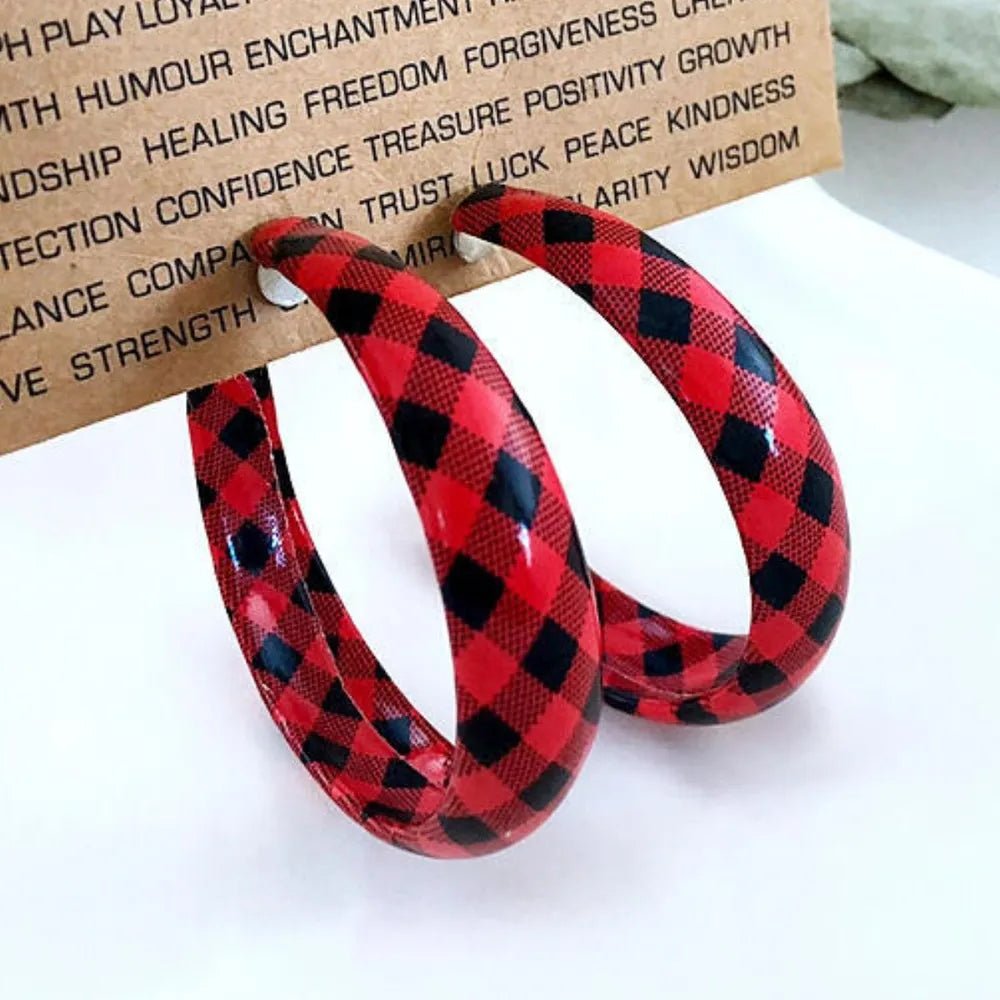 Earrings Plaid Red PU Leather Fall Hoop Statement Pair - AMVIM
