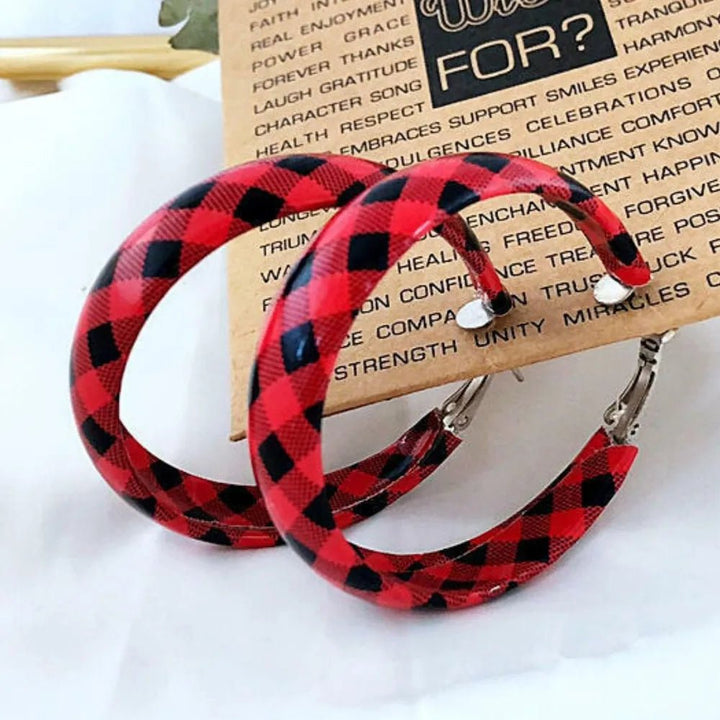 Earrings Plaid Red PU Leather Fall Hoop Statement Pair - AMVIM