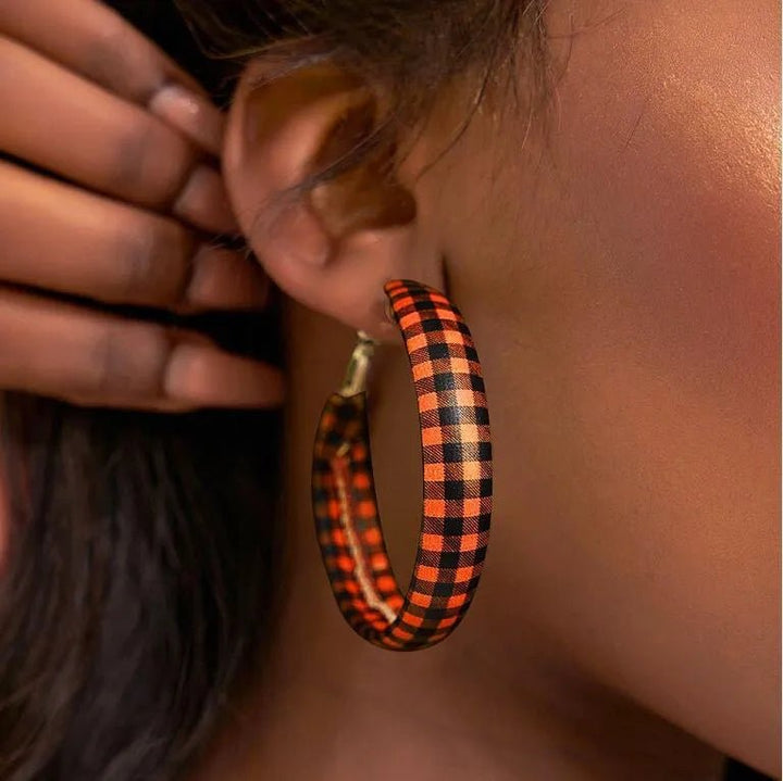 Earrings Plaid Red PU Leather Fall Hoop Statement Pair - AMVIM