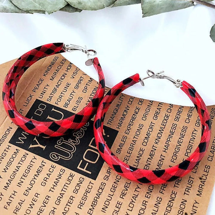 Earrings Plaid Red PU Leather Fall Hoop Statement Pair - AMVIM