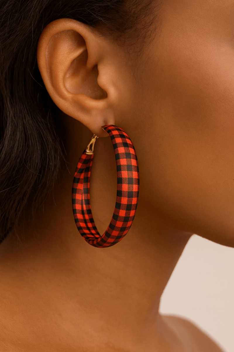 Earrings Plaid Red PU Leather Fall Hoop Statement Pair - AMVIM